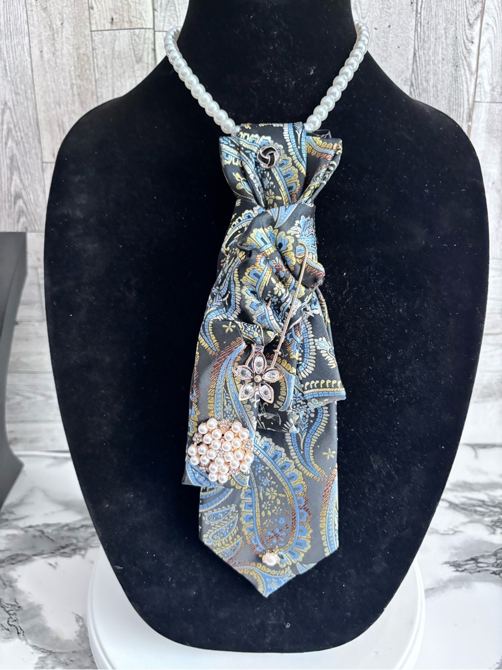 Pearl Necklace with Blue Paisley Tie Pendant